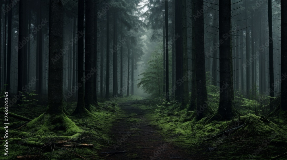 Moody forest with ethereal mist Moody forest with ethereal mist