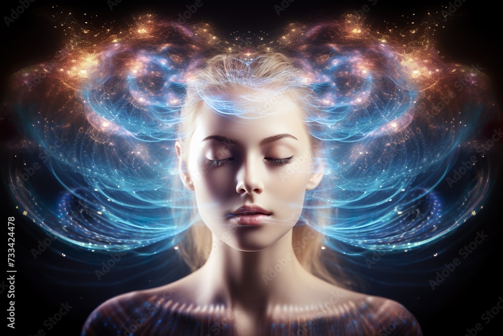 photo of a woman meditating, psychic waves photo of a woman meditating, psychic waves