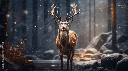 a deer with antlers standing in the snow © ion