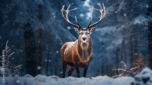 a deer with large antlers standing in snow © ion