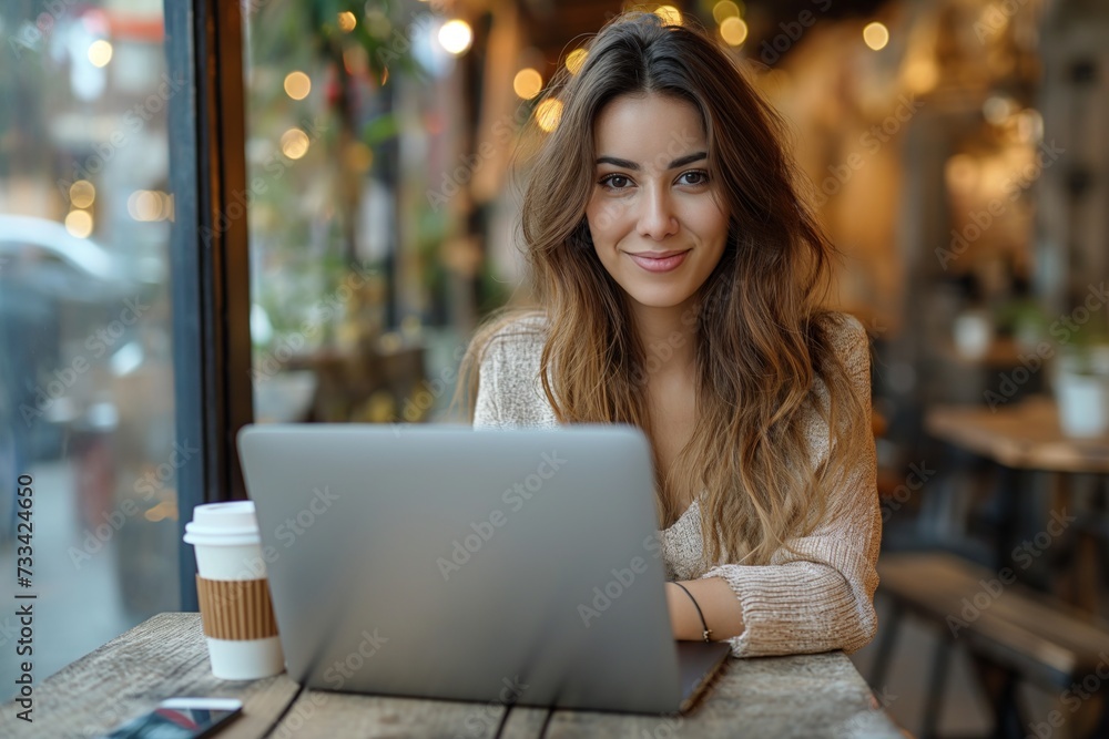 A freelancer women works in a cafe with a laptop. Work from anywhere concept A freelancer women works in a cafe with a laptop. Work from anywhere concept