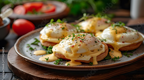Culinary Perfection: American Twist on Classic Eggs Benedict Generative AI photo