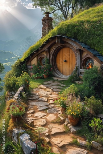 Sunny hobbit house in a green village, surrounded by highland mountains and scenic nature, offering a picturesque view. photo