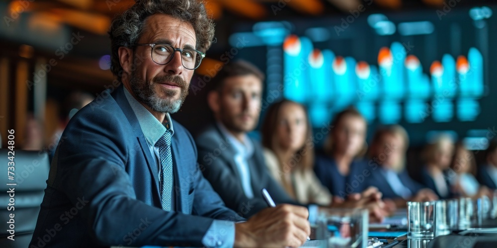 Confident businessman leads a successful corporate meeting, discussing reports and diagrams with a diverse team. Confident businessman leads a successful corporate meeting, discussing reports and diagrams with a diverse team.