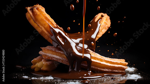 The traditional dessert churros, originating from either Mexican or Spanish culinary traditions, is levitating, accompanied by splashes and drops of chocolate. generative AI