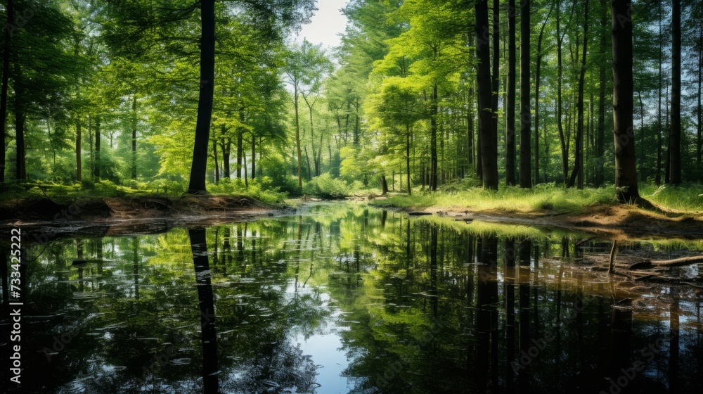The reflection of a forest in a glassy pond The reflection of a forest in a glassy pond