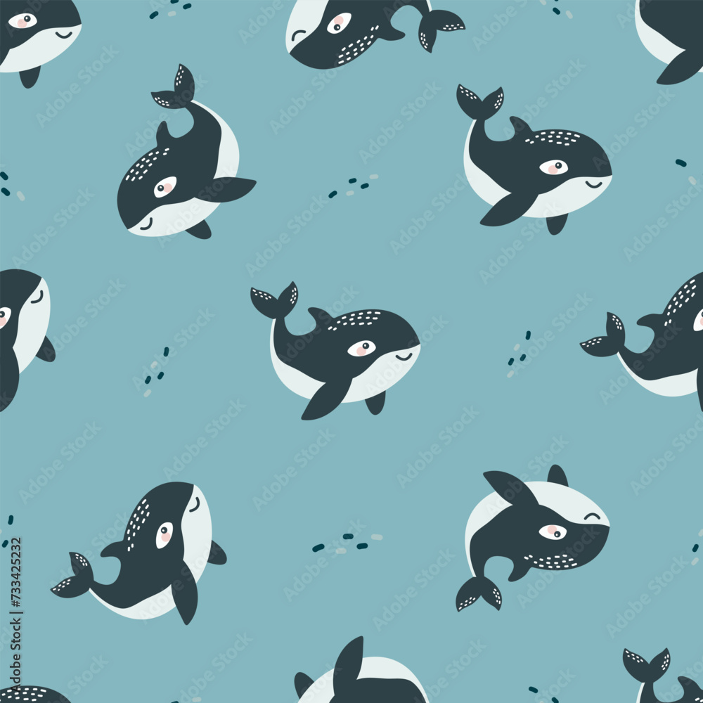 Seamless vector pattern. Cute orca on white background. Pattern for printing on children's products. Vector illustration