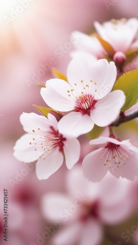 Cherry blossom flower blooming. Pink sakura flower background. Pink cherry blossom, isolated Sakura tree branch. For card, banner, invitation, social media post, poster, mobile apps, advertising. © Anzelika