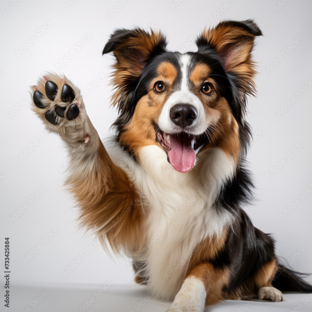 a dog with its paw up