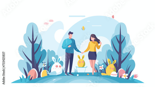 Easter egg hunting 2D linear illustration.