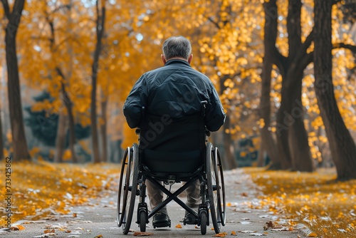 Back view of disabled senior man sitting in wheelchair in the park