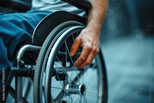 Male hand on wheelchair on blurred background