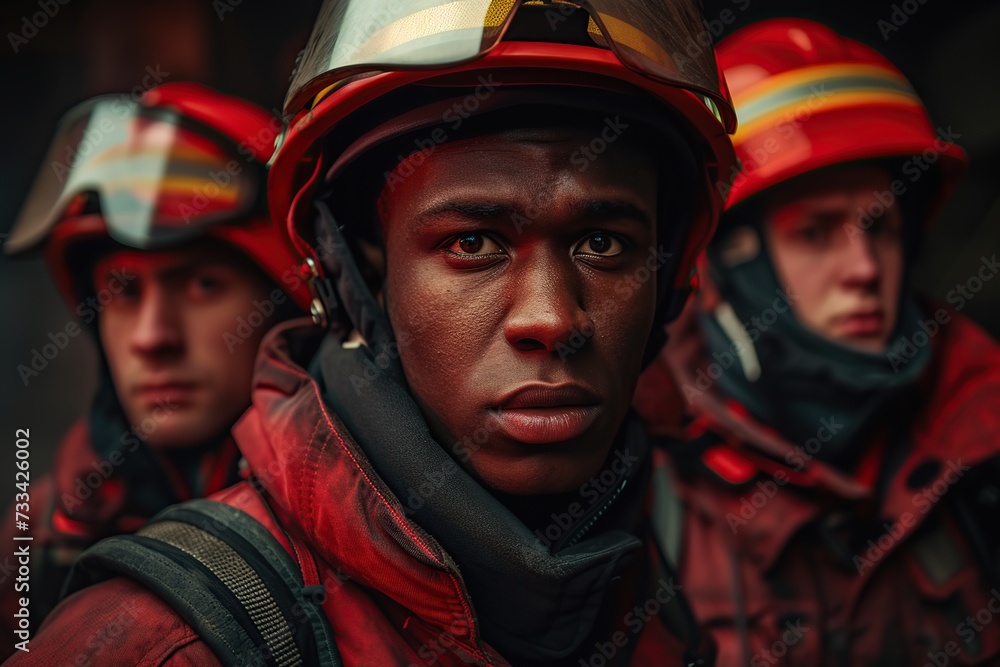 Portrait of firefighter team in uniform and helmet Portrait of firefighter team in uniform and helmet