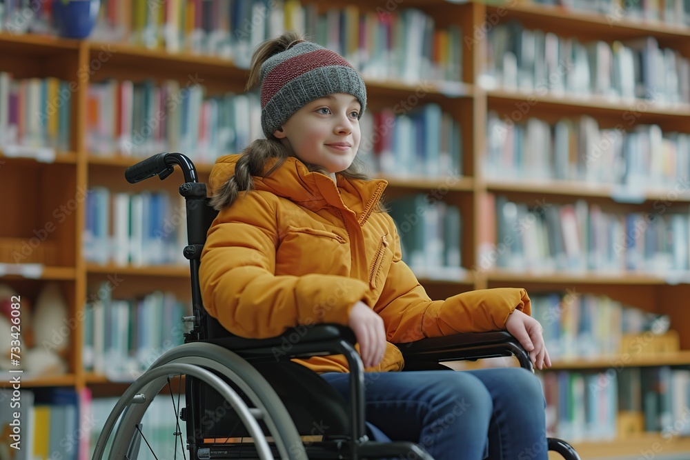 Handsome young disabled boy sitting in wheelchair in school library Handsome young disabled boy sitting in wheelchair in school library