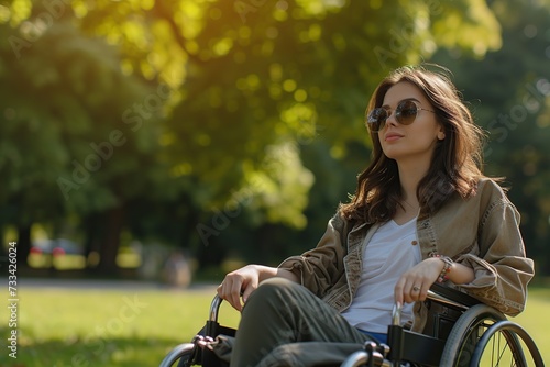 Young woman in wheelchair in the park photo