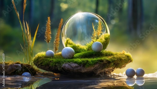 A surrealistic composition of a bubble with plants, moss and greens inside, reflecting the sun