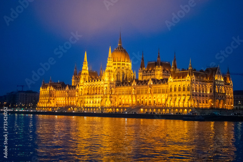 Parliament building in Budapest  Hungary at Night. Danube river and City at night
