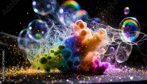 Abstract magic powder, smoke, lights, and soap bubbles on a dark background