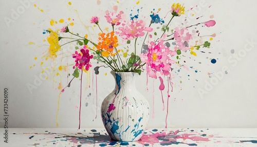 A still life with flowers in vase, paint stains, drops, drips photo