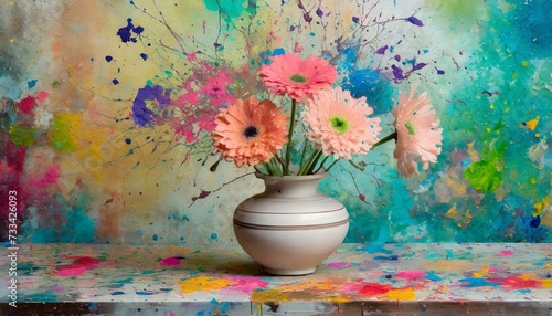 A still life with flowers in vase, paint stains, drops, drips photo