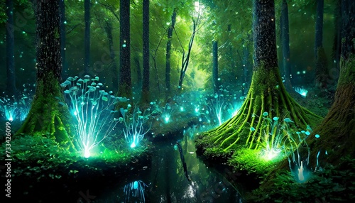 Fantasy forest with magic shimmering lights