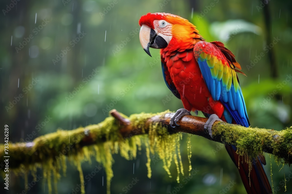 beautiful macaw parrot bird in rain forest wildlife wallpaper concept