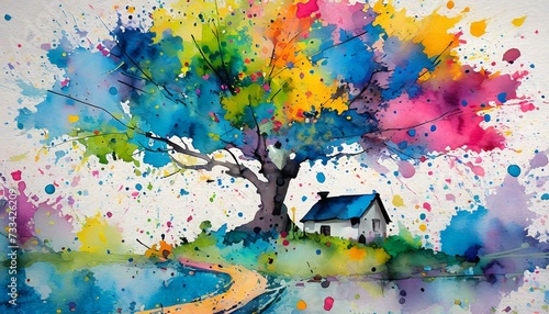 Wallpaper Mural A colorful aquarelle  landscape-like illustration with a large tree in the center of the composition and a small cozy house under it Torontodigital.ca
