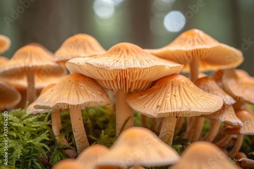 A vibrant community of edible and medicinal mushrooms thrives in the autumn moss, including the distinct agaricus and shiitake varieties alongside the earthy russula integra and delicate pleurotus er