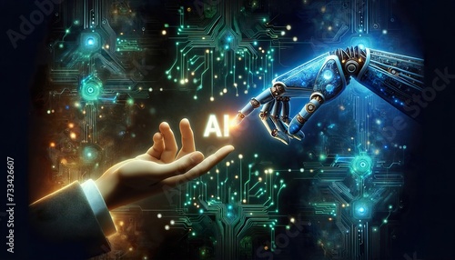 AI bridges the gap between human and smart robot, illustrating the profound Artificial Intelligence within technology, and the advanced human-AI interaction driven by AI