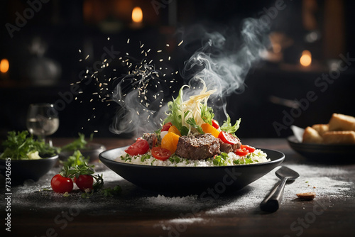 appetizing food, with smoke with dark nuances like a professional chef, sprinkled with salt