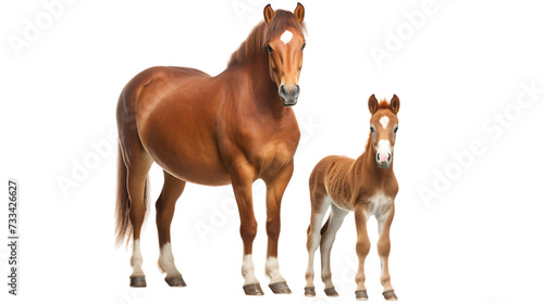 A brown horse and cute foal isolated on white background png