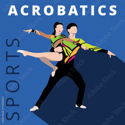Vector illustration in minimalist flat style. Man and woman artistic gymnastics, sports acrobatic . Training or competing in some championship. A poster of pair in colorful costumes