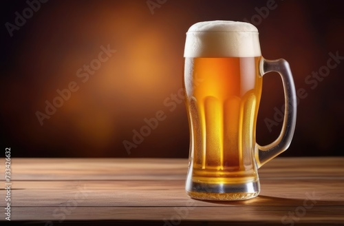 National beer day, world bartender's day, glass of beer, foamy drink on the bar, dark wooden background, horizontal banner, place for text