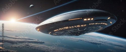 futuristic space ship flying in the space for space exploration or alien scifi concepts as wide banner with copysapce area  photo