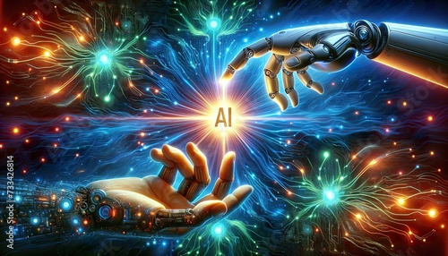 AI shapes the future as a smart robot hand meets human, Artificial Intelligence drives technology, highlighting human-AI connection, AIâ€™s intelligence in every interaction.
