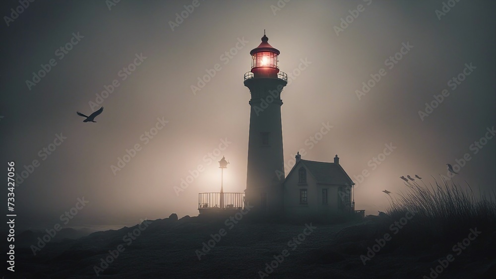 lighthouse at dusk A scary lighthouse in a foggy night, with a  , a crow,  