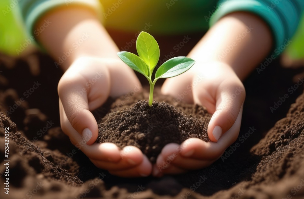 Arbor Day, a green sprout in the palms, a handful of earth in the hands, Handholding tree sapling, a young plant grows out of the soil, planting plants