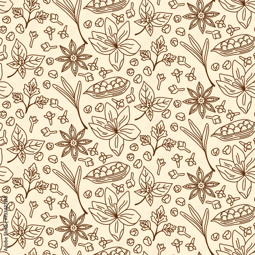Vector seamless pattern with spices and herbs. Perfect for use to create culinary projects, branding, logo, menus, packaging, patterns, prints, textile design.