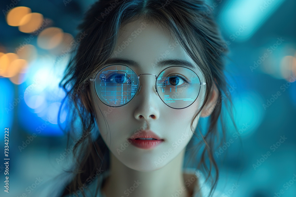Fototapeta premium close-up of asian girl with glasses working on smart screens