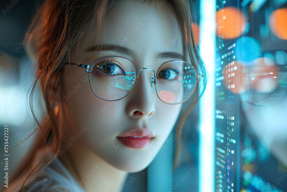 close-up of asian girl with glasses working on smart screens close-up of asian girl with glasses working on smart screens