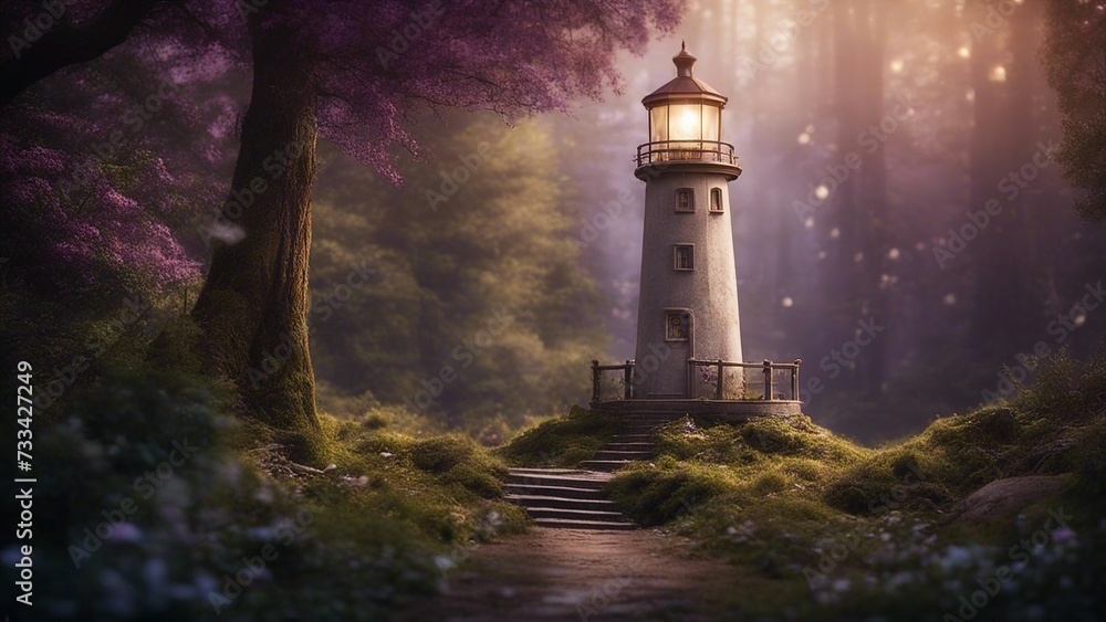 lighthouse on the coast A fantasy lighthouse in a mystical forest, with trees, flowers, and fairies.  