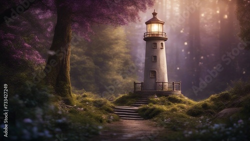 lighthouse on the coast A fantasy lighthouse in a mystical forest, with trees, flowers, and fairies. 
