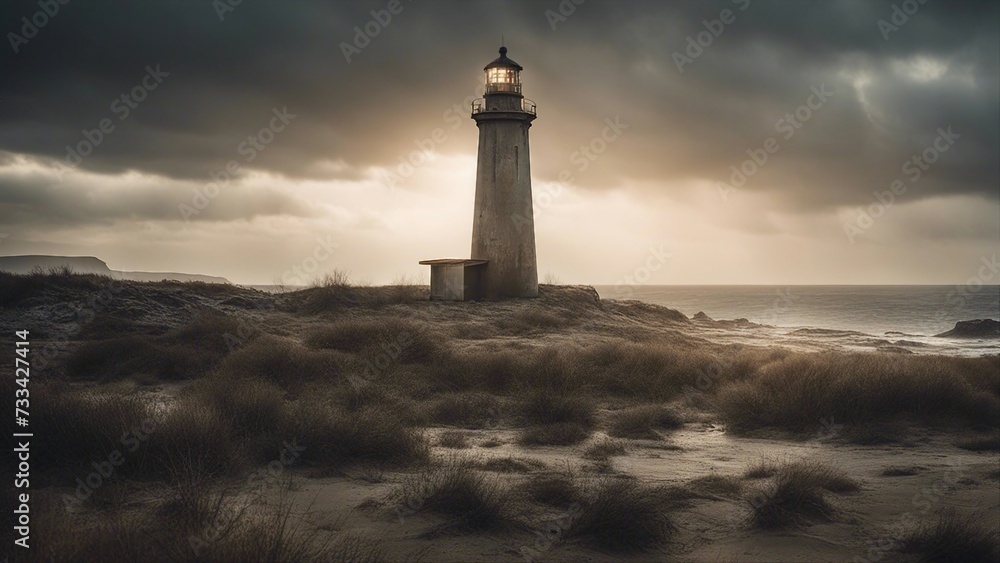 lighthouse at sunset A lighthouse in a post-apocalyptic wasteland, where the water is polluted and the land is barren.  