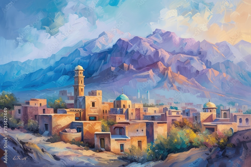Obraz premium A scenic painting of an old Islamic town with traditional houses