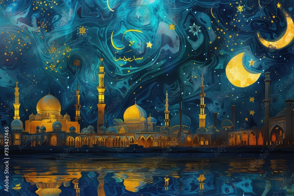 A starry night inspired by Van Gogh, with classic Islamic patterns overlay