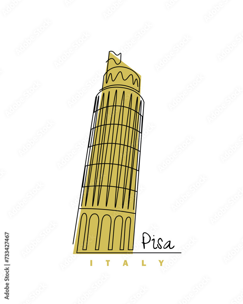 Line drawing Continuous line drawing of vector Italian landmark Tower of Pisa, Italy. Tourism, Vector illustration, simple line travel concept.