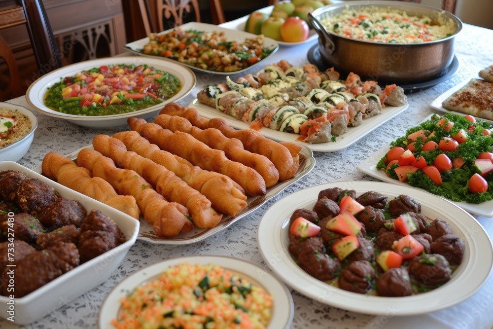 A table spread with iftar traditional Middle Eastern food for breaking the fast