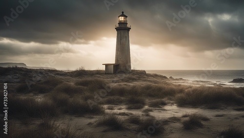 lighthouse at sunset A lighthouse in a post-apocalyptic wasteland  where the water is polluted and the land is barren.  
