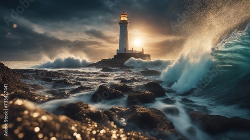 lighthouse at sunset highly intricately detailed photograph of  Roker Lighthouse   being hit by a large wave    photo