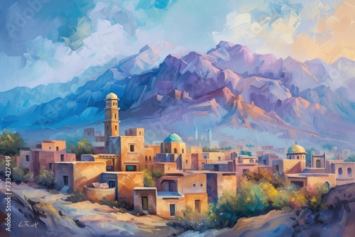 A scenic painting of an old Islamic town with traditional houses photo